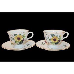 Pickard China Floral Yellow & Purple Teacup & Saucer Set Of 2 Gold Trim